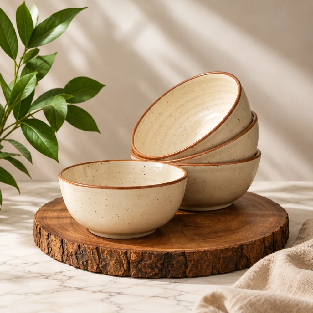 HOUSELA Handmade Dual-Tone Ceramic Bowls Set of 4 – Speckled Green & White Serving Bowls