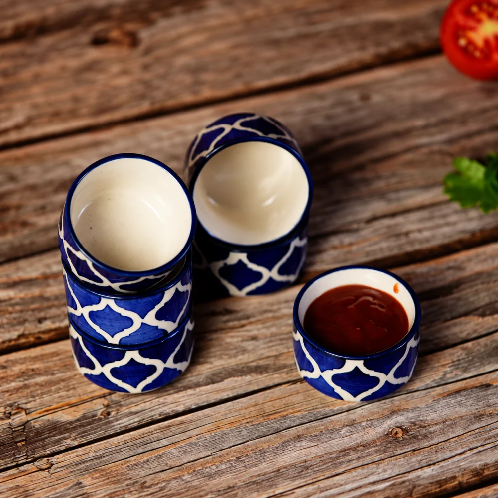 HOUSELA Handpainted Moroccan/Umrao Pattern Ceramic Dip Bowl/Chutney Bowl/Pickle Bowl/Sauce Bowl/Small Katori Set in Round Shape (40 ML, Small, Set of 6 (Blue & White)