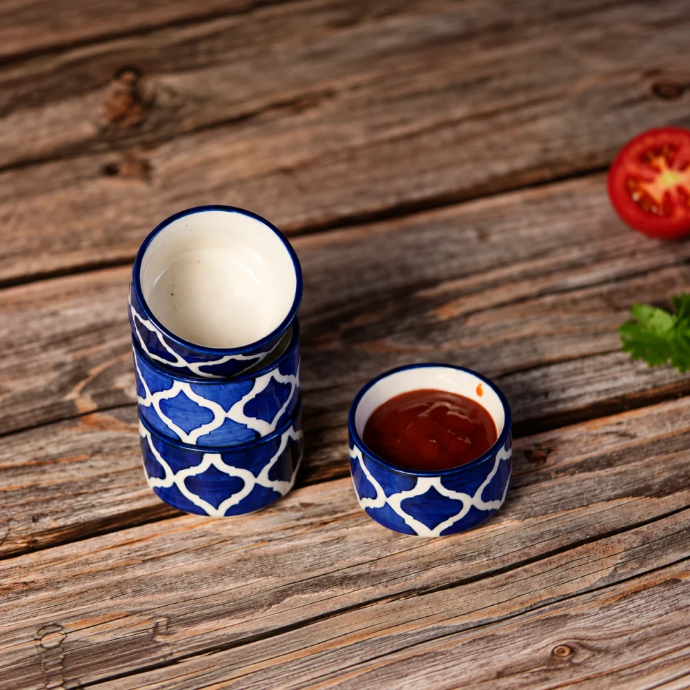 HOUSELA Handpainted Moroccan/Umrao Pattern Ceramic Dip Bowl/Chutney Bowl/Pickle Bowl/Sauce Bowl/Small Katori Set in Round Shape (40 ML, Small, Set of 4 (Blue & White)