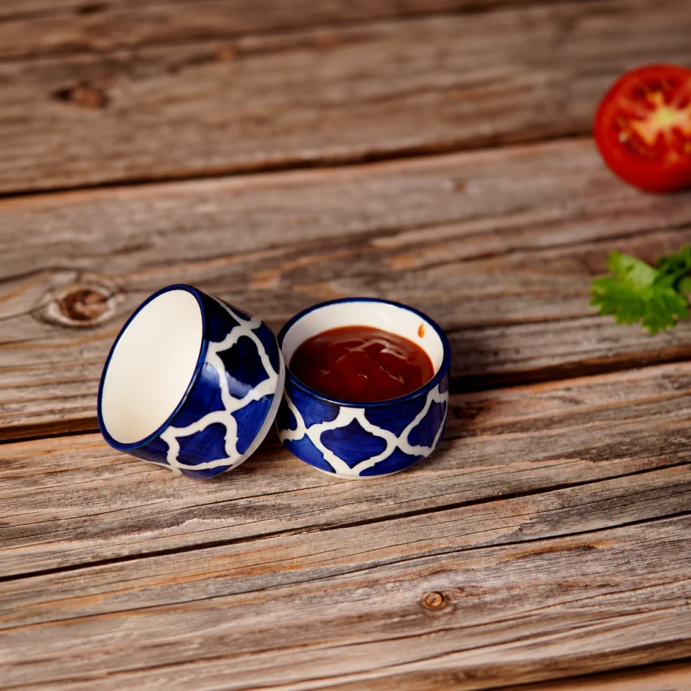 HOUSELA Handpainted Moroccan/Umrao Pattern Ceramic Dip Bowl/Chutney Bowl/Pickle Bowl/Sauce Bowl/Small Katori Set in Round Shape (40 ML, Small, Set of 2 (Blue & White)
