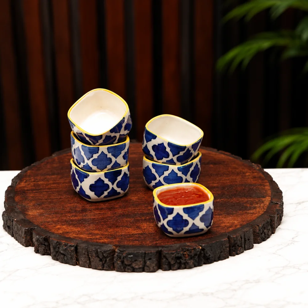 HOUSELA Stoneware Blue Classic Moroccan Pattern Chutney/Serving/Dessert/Dip/Bowl -Set of 6(Square Shape,Microwave & Dishwasher Safe