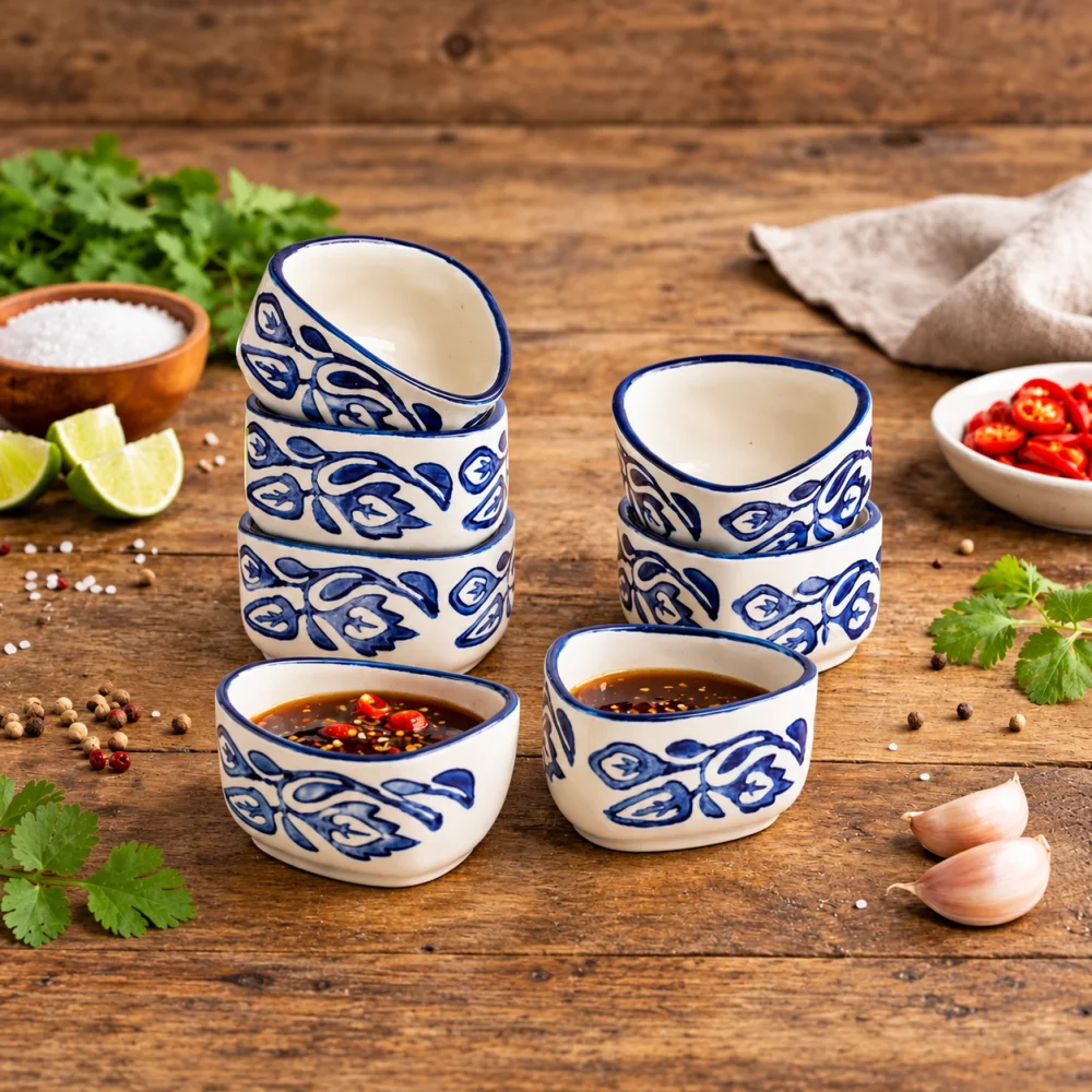 HOUSELA Handpainted Floral Studio Pottery Ceramic Dip Bowl/Chutney Bowl/Pickle Bowl/Sauce Bowl/Small Katori Set | Triangle Shape |(50 ML, Small, Set of 6, Blue and White)