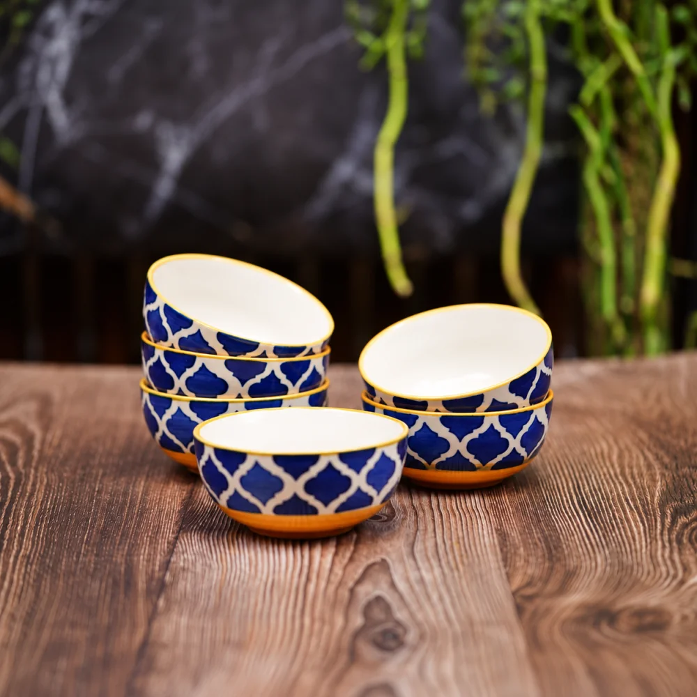 RudrartCreations Hand-Painted Umrao/Moroccan Design Handpainted Bowls Set Ceramic Vegetable Bowl/Dessert Bowl/Soup Bowl (Multicolor, Pack of 6)