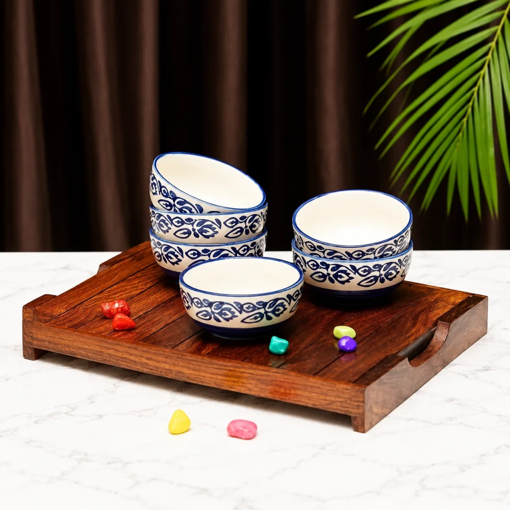 Rudrart Creation Hand-Painted Multicolored Ceramic Floral Bowls Set Ceramic Vegetable Bowl/Dessert Bowl/Soup Bowl (Multicolor, Pack of 6), 180 Milliliter