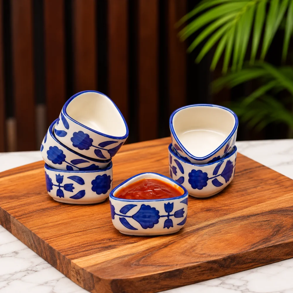 Rudrart Creation Handpainted Floral Studio Pottery Ceramic Chutney Bowl | Dip & Sauce Bowls | Small Katori Set 40 ml Each (Blue, Set of 6)