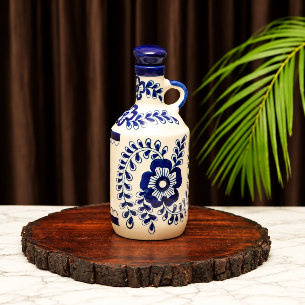 HOUSELA Ceramic Blue Floral Art 1000 ml Oil Dispenser for Kitchen, Oil Bottle, Oil Sprayer, Vinegar Bottle,/100% Food & Microwave Safe| Ideal Gifting and for kitchen