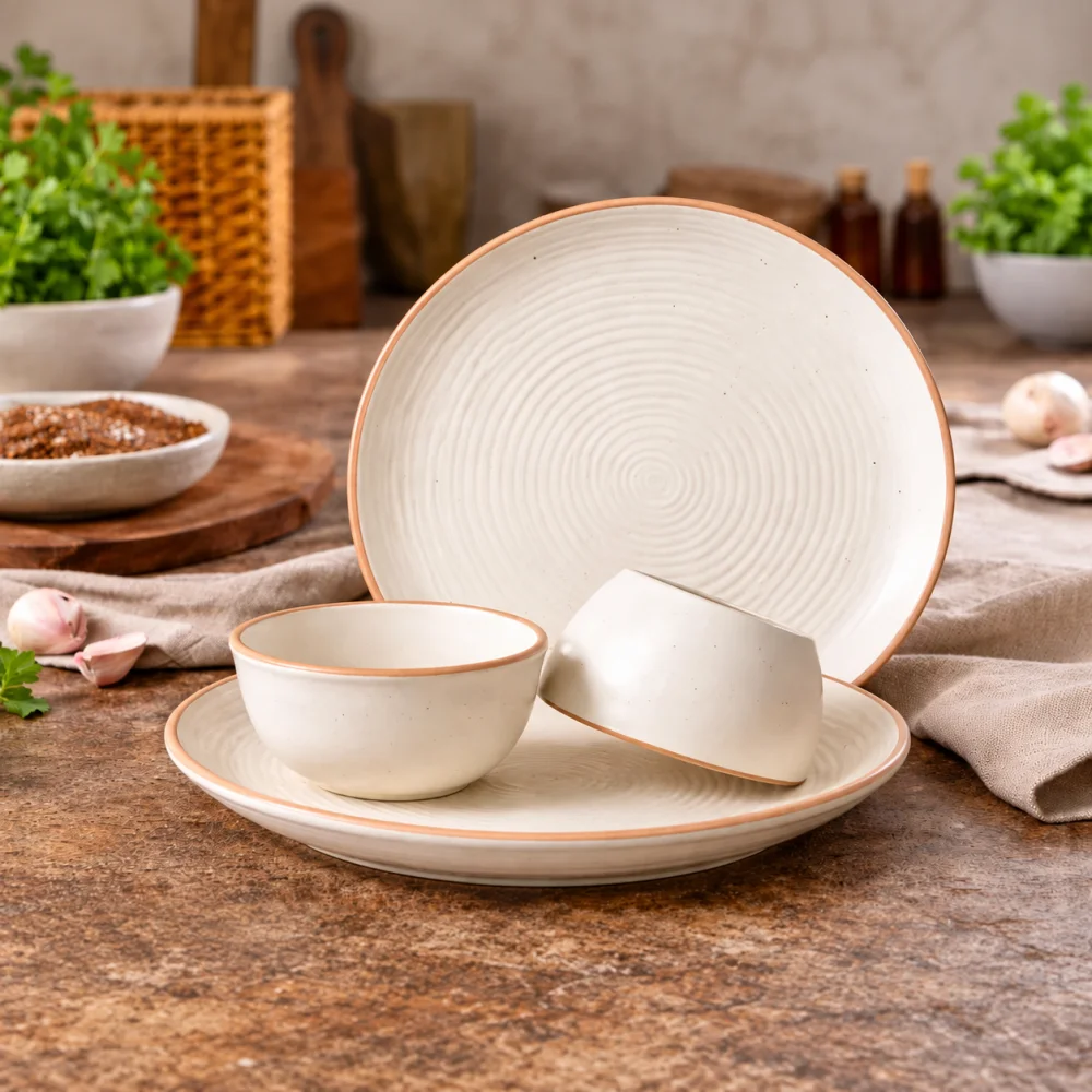 Housela Stoneware Ceramic Solid Dinner Set of 4 Pieces for Dinner with Katoris (4 Pieces, 2 Bowl & 2 Plates, Dishwasher & Microwave Safe)-Dinner Sets Ceramic Bowls Set Dinnerware Sets-Off White