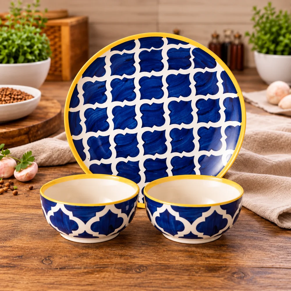Umrao Blue Ceramic Dinner Set – 1 Serving Plate & 2 Bowls Combo | Handcrafted Royal Pattern with Yellow Rim | Microwave & Dishwasher Safe | Premium Stoneware Dining Set