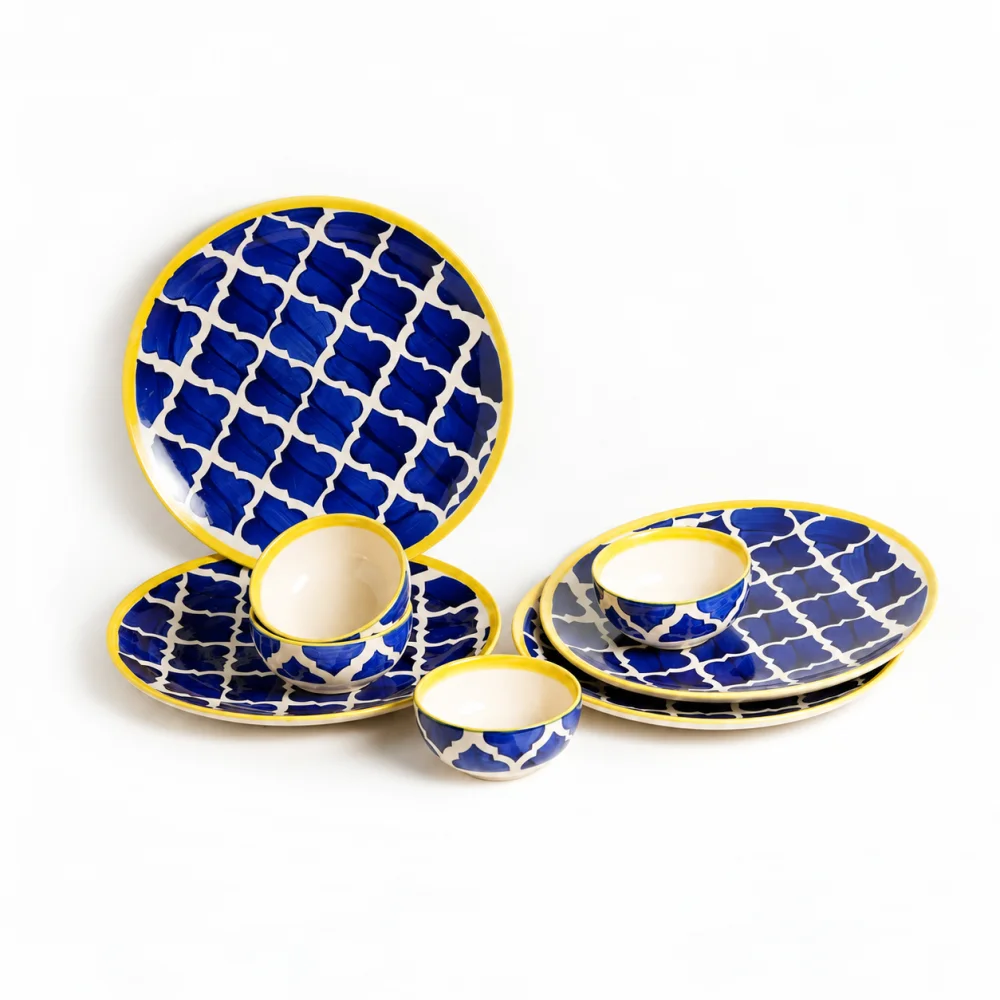Hand-Painted Ceramic Dinner Set – Blue & Yellow Moroccan Design Plates & Bowls Set | Premium Stoneware Dining Tableware | Microwave & Dishwasher Safe | Stylish Dinnerware for Home & Kitchen
