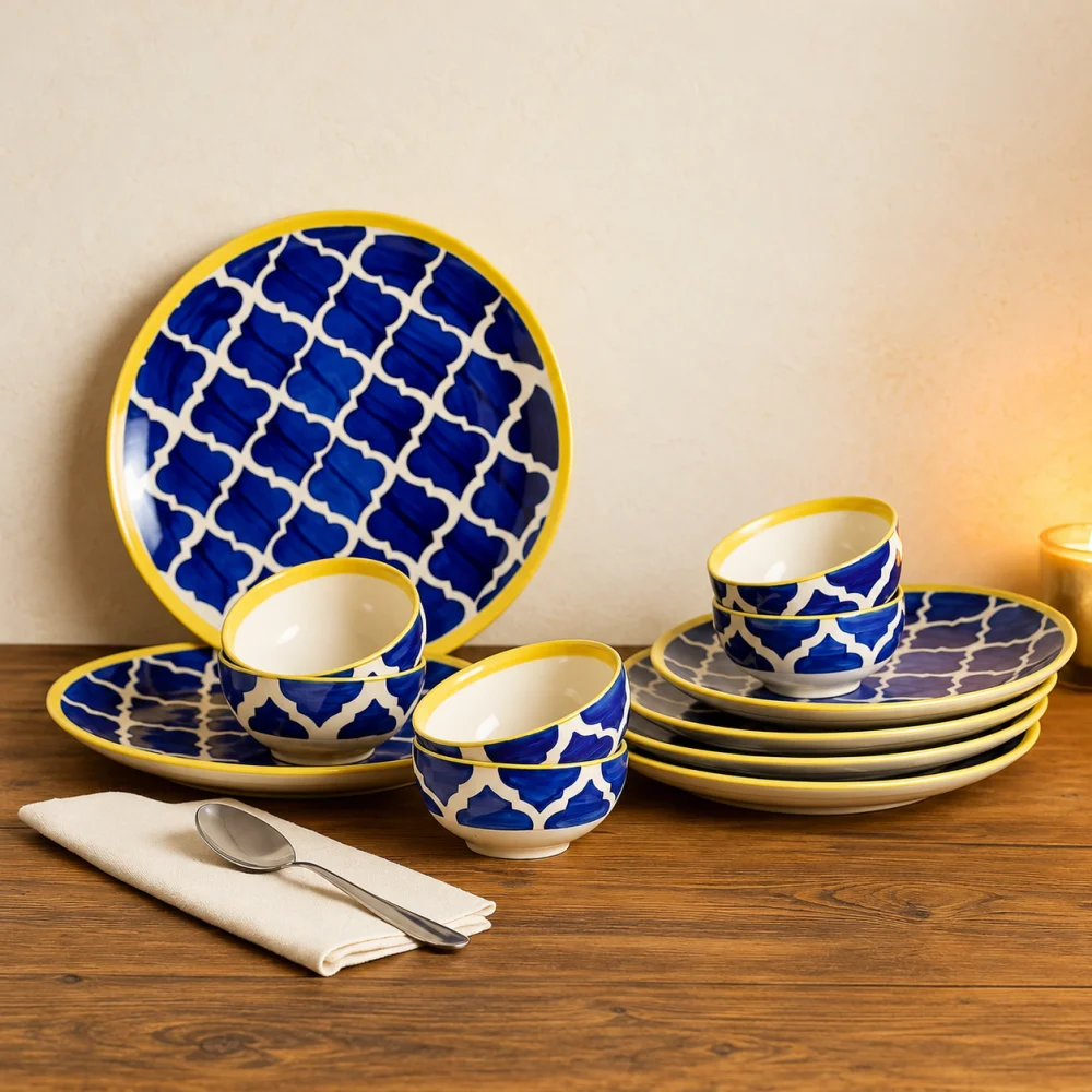 Morrocan/Umrao Ceramic Plates for Dinner with Katoris (12 Pieces, 6 Bowl & 6 Plates, Dishwasher & Microwave Safe) -Dinner Sets -(Blue & Yellow)