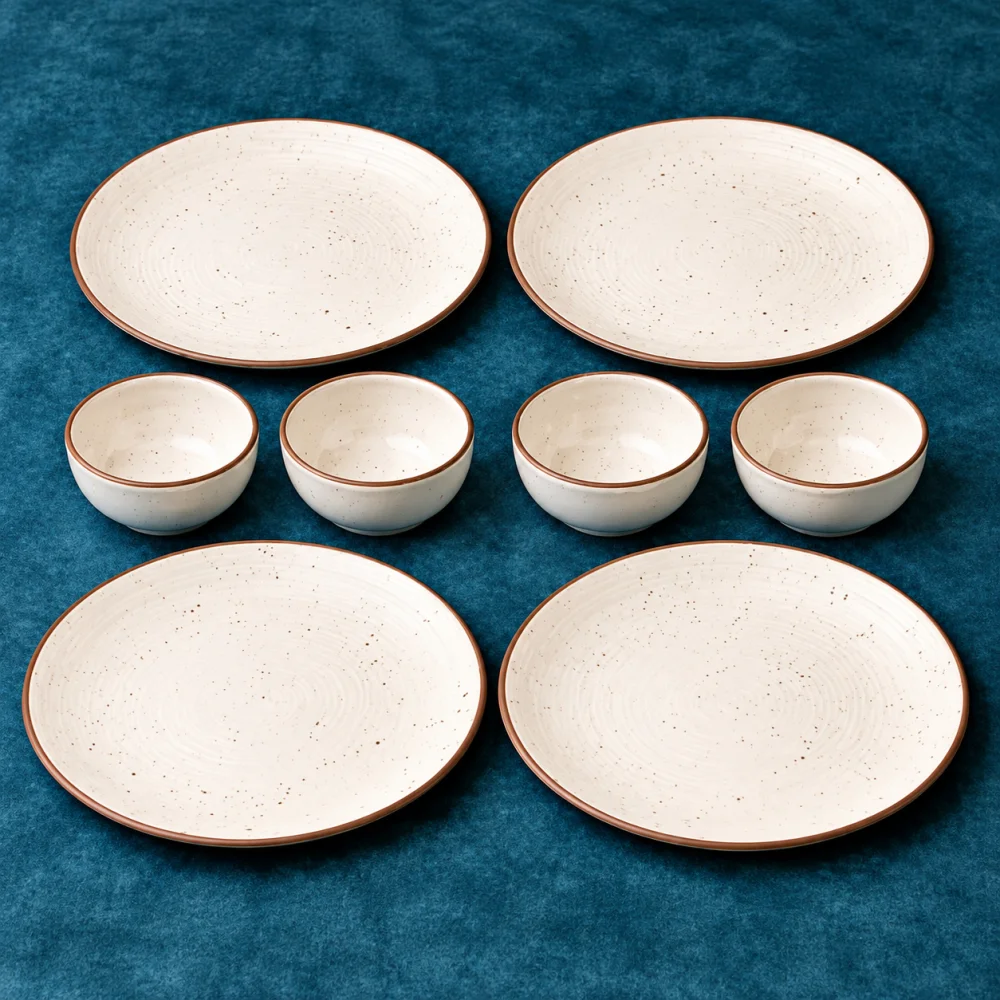 Handcrafted Ceramic Stoneware Dinner Set of 8 Pieces with Serving Bowls | 4 Dinner Plates & 4 Bowl/katori | Bone Ash Free | Microwave and Dishwasher Safe – Off White