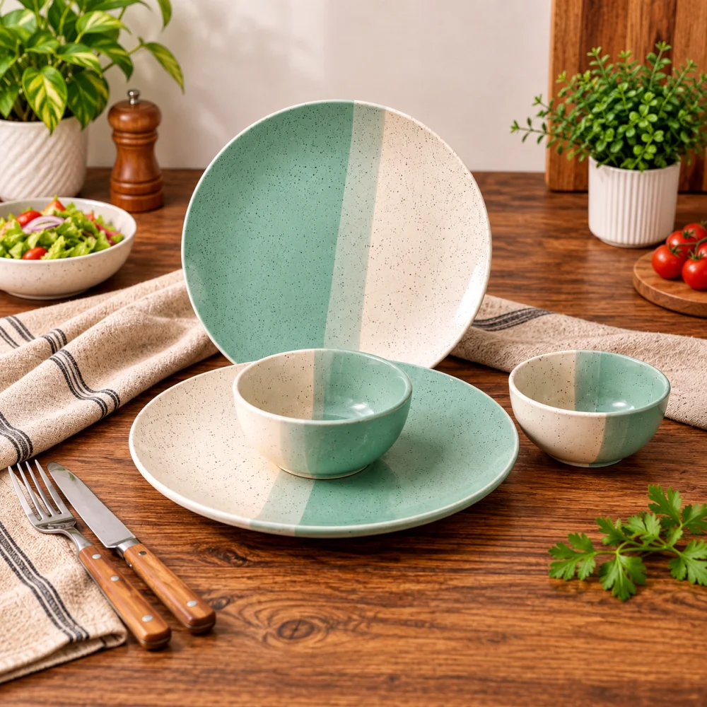 Housela Stoneware Ceramic Solid Dinner Set of 4 Pieces for Dinner with Katoris (4 Pieces, 2 Bowl & 2 Plates, Dishwasher & Microwave Safe)-Dinner Sets Ceramic Bowls Set Dinnerware Sets-Off White for kitchen
