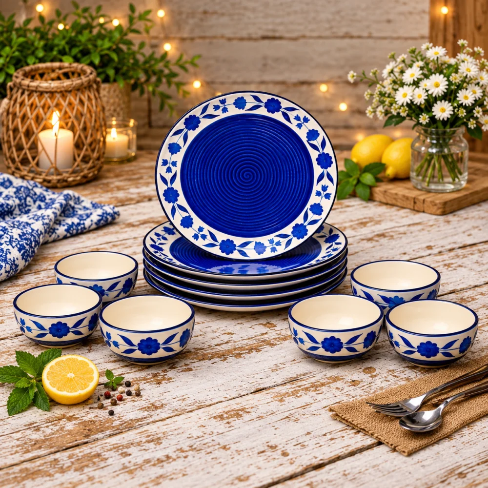 Hand-Painted Floral Ceramic Dinner Set of 12 Pcs | 6 Ceramic Dinner Plate and 6 Bowl/katori | Bone Ash Free | Microwave and Dishwasher Safe - Blue