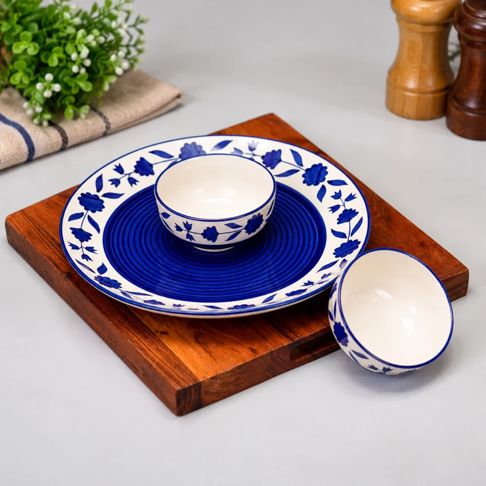 Hand-Painted Floral Ceramic Dinner Set of 3 Pcs | 1 Ceramic Dinner Plate and 2 Bowl/katori | Bone Ash Free | Microwave and Dishwasher Safe - Blue