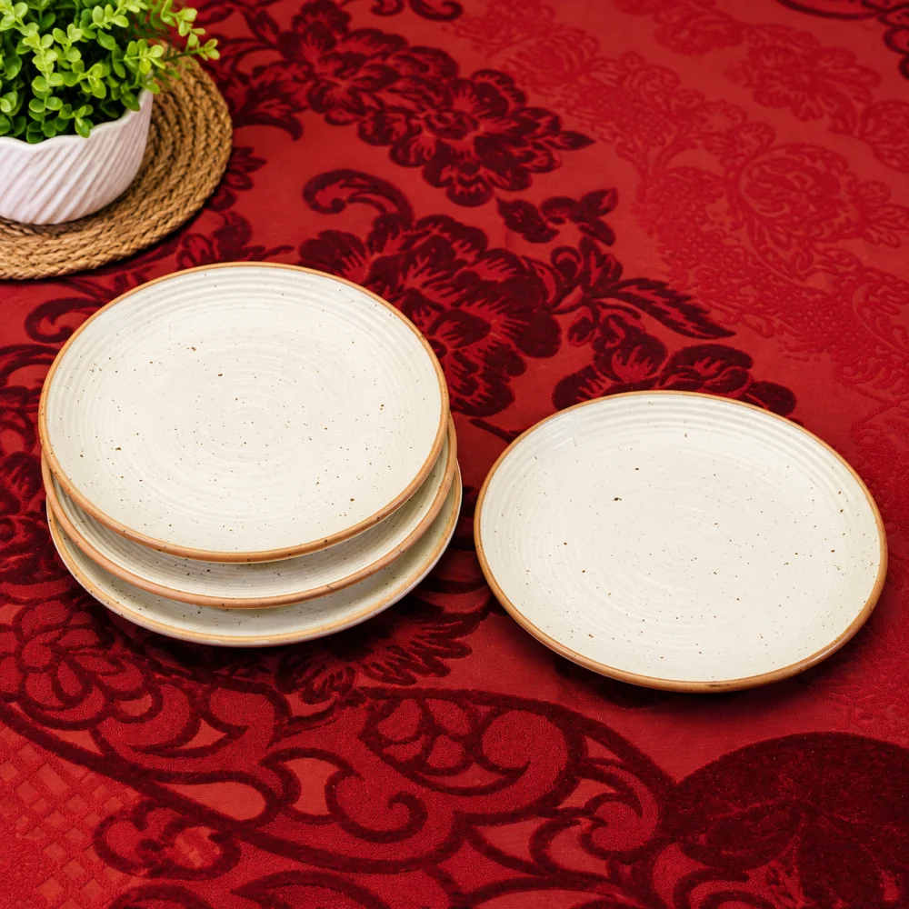 HOUSELA Cream Ribbed Stoneware Dinner Plates | Premium 10.3-Inch Ceramic Plates Set of 4 | Off-White Textured Dinnerware | Heavy Stoneware Serving Plates | Microwave & Dishwasher Safe