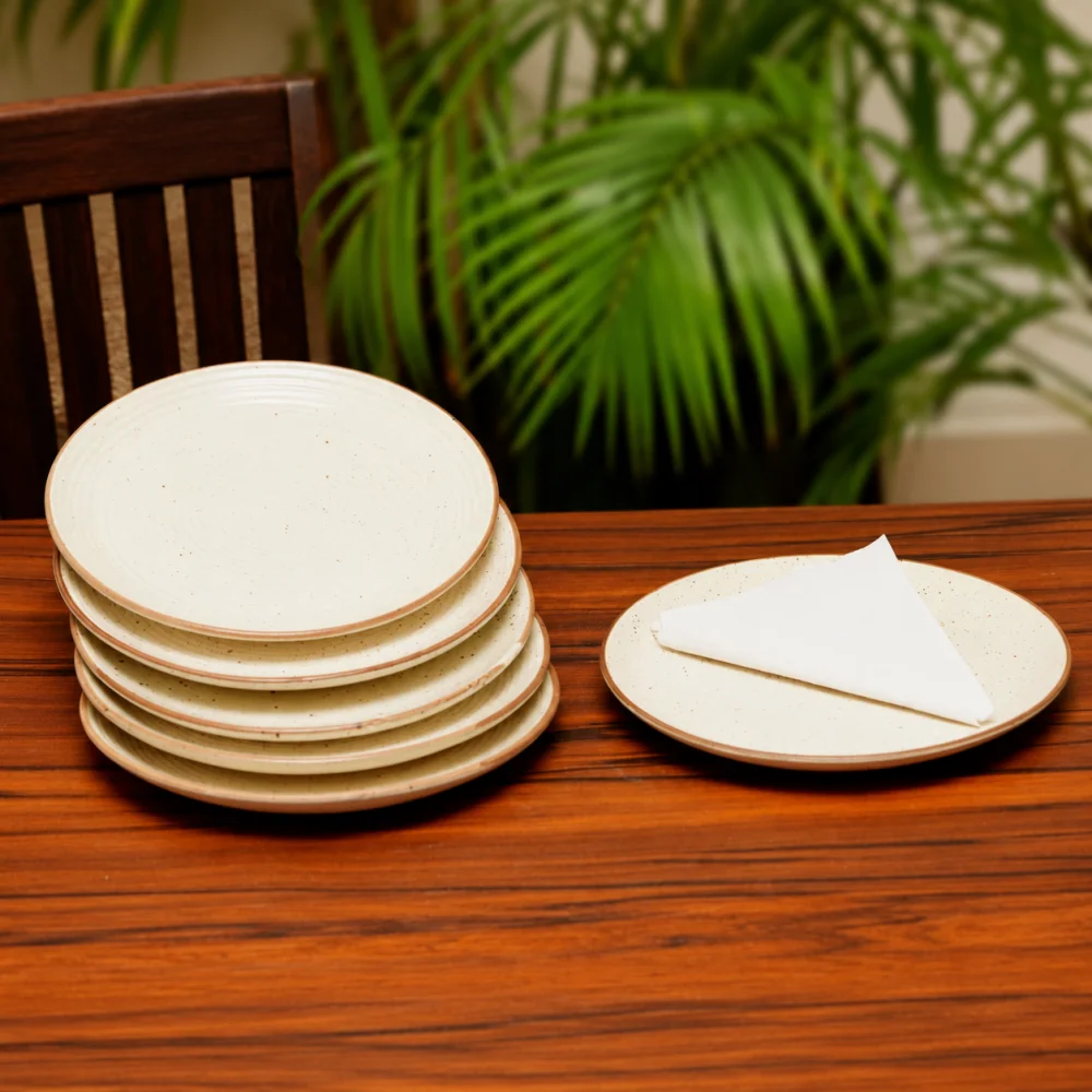 HOUSELA Cream Ribbed Stoneware Dinner Plates | Premium 10.3-Inch Off-White Ceramic Dinner Plates Set of 6 | Heavy & Durable Stoneware Plates | Designer Ribbed Texture Plates | Microwave