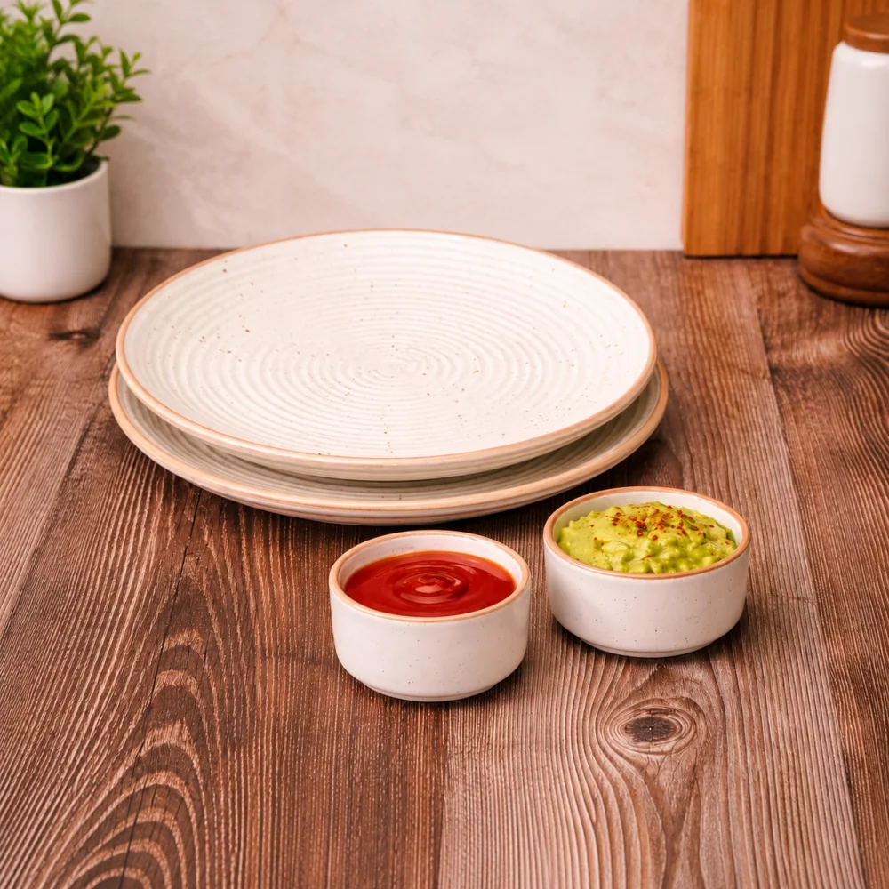 HOUSELA Handcrafted Ceramic Dinner Plates with Chutney Dip Bowls | Set of 4 – 2 Off-White 10 Inch Stoneware Dinner Plates + 2 Dip Bowls | Premium Ribbed Design | Microwave & Dishwasher Safe