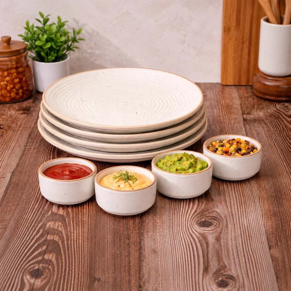 HOUSELA Handcrafted Ceramic Dinner Plates with Dip Bowl | Set of 8 Premium Stoneware Tableware | 4 Large 10 Inch Dinner Plates + 4 Chutney Dip Bowls | Off-White Handmade Serving Plates
