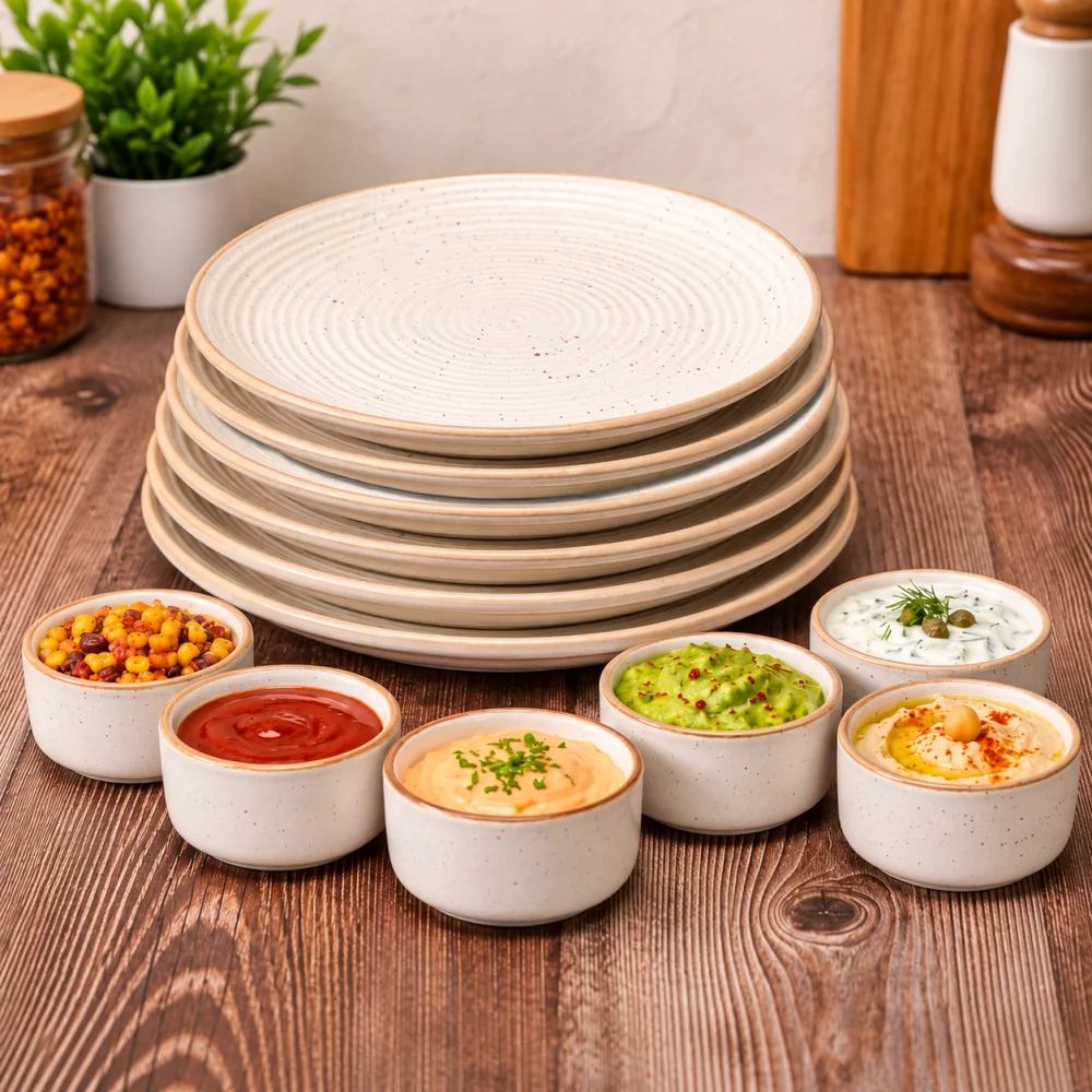 HOUSELA Handcrafted Ceramic Dinner Plates with Dip Bowls | 12-Piece Premium Stoneware Set | 6 Large 10-Inch Dinner Plates + 6 Chutney/Dip Bowls | Off-White Handmade Tableware