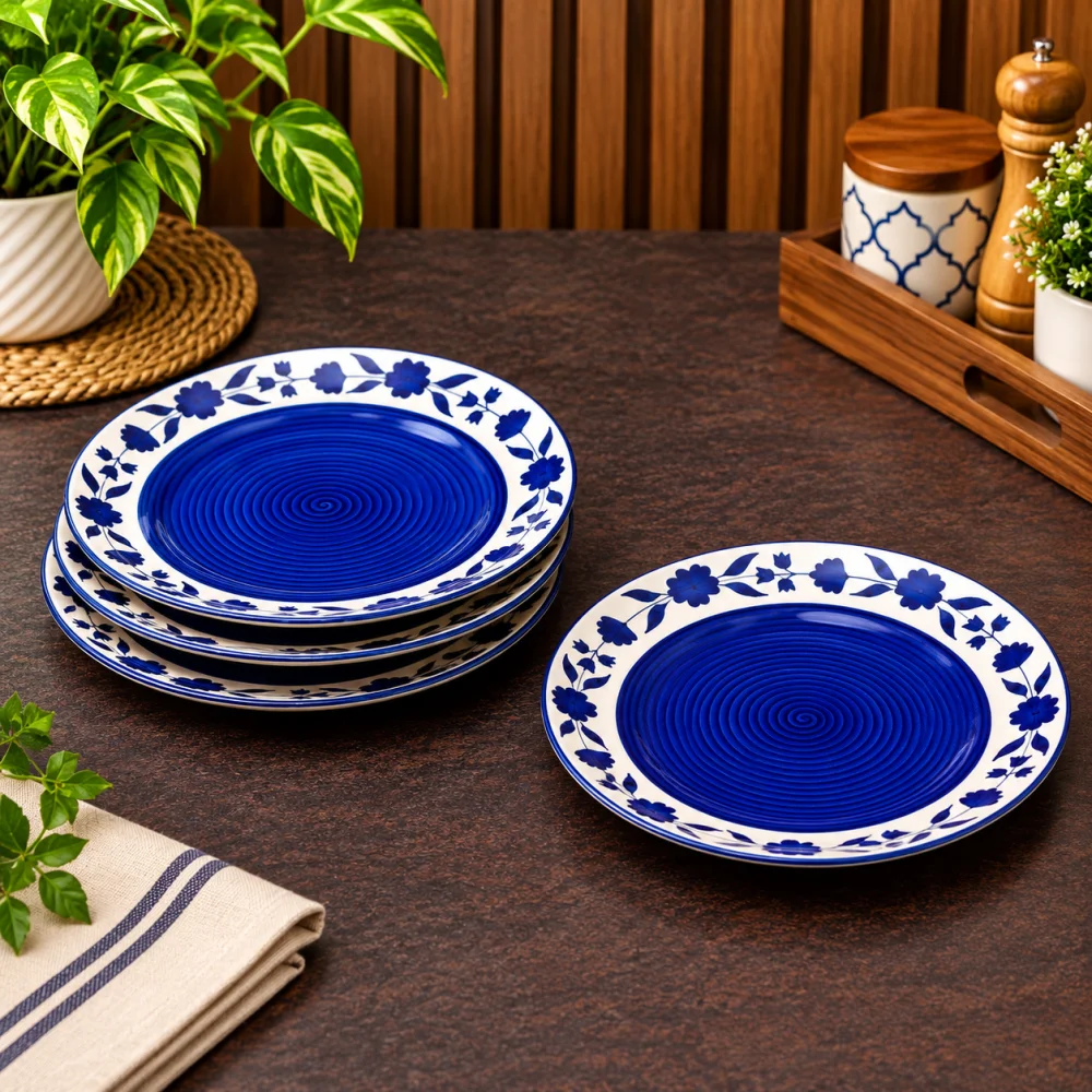 HOUSELA Floral 'Blue and White Plate Pair' Handpainted Plates in Ceramic 10 Inches, Set of 4, Dishwasher & Microwave Safe