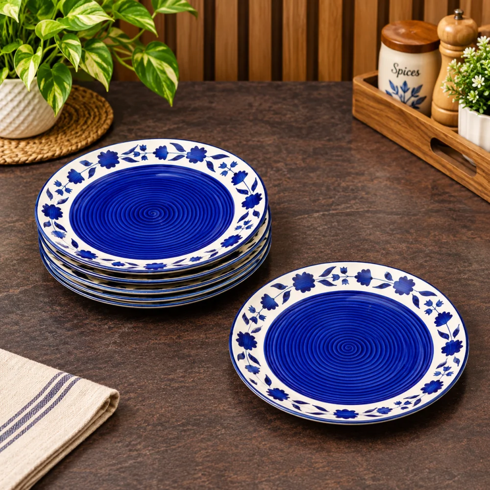 HOUSELA Floral 'Blue and White Plate Pair' Handpainted Plates in Ceramic 10 Inches, Set of 6, Dishwasher & Microwave Safe