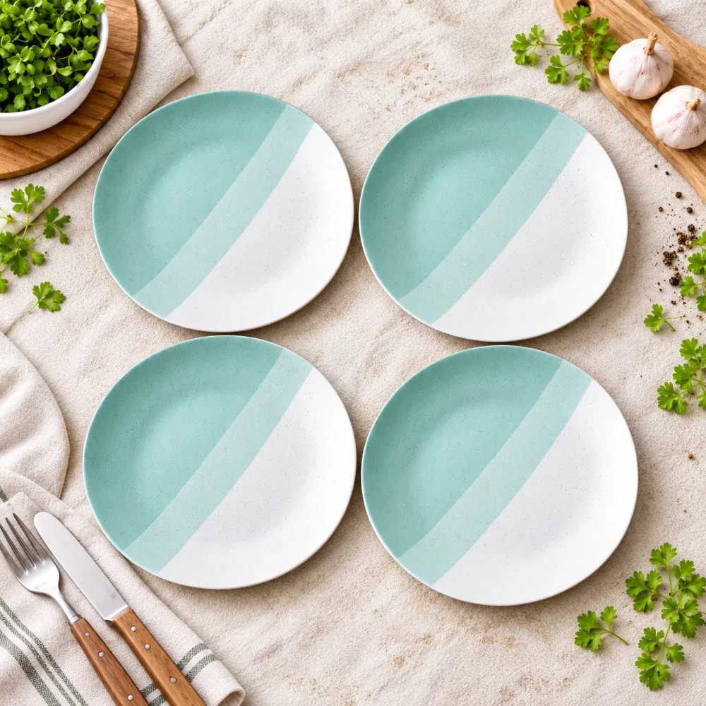 HOUSELA Set of 4 Modern Ceramic Dinner Plates – 10.6'' Speckled Stoneware Plates with Half Mint Green & White Design/Microwave & Dishwasher Safe
