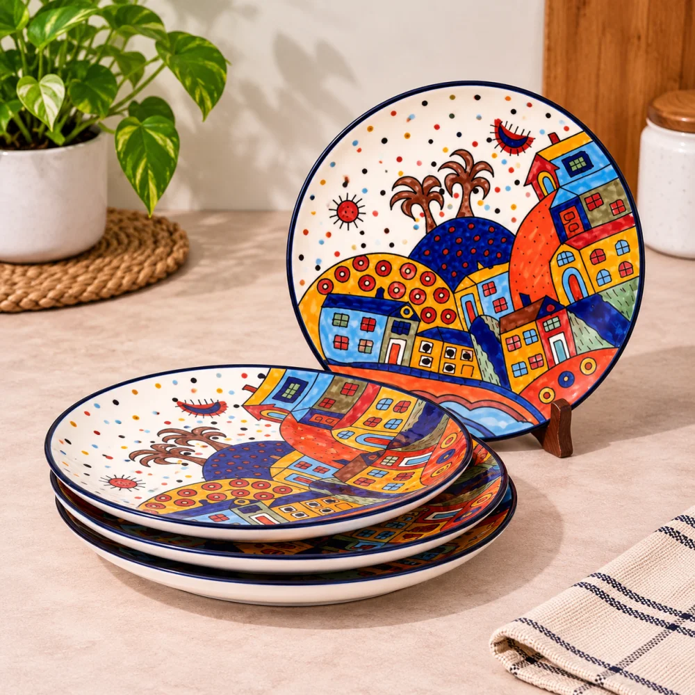 HOUSELA Hut Dining Hand-Painted Stoneware Premium Ceramic 10-inch Dinner Plate Set of 4 Pcs | Bone Ash Free | Microwave and Dishwasher Safe - Multicolor