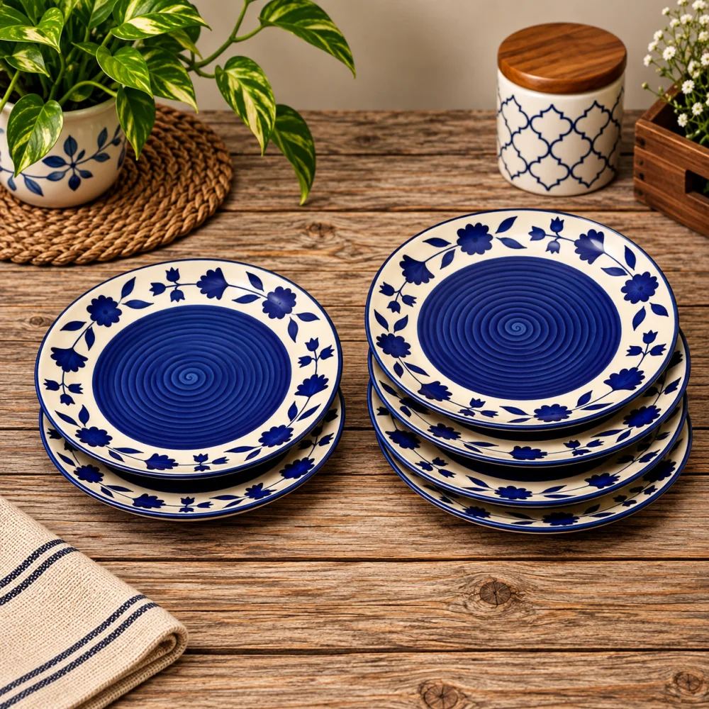 HOUSELA Ceramic Glossy Side Plates & Quarter Plates 7 Inches (4-Pieces, Dishwasher & Microwave Safe) (Blue)