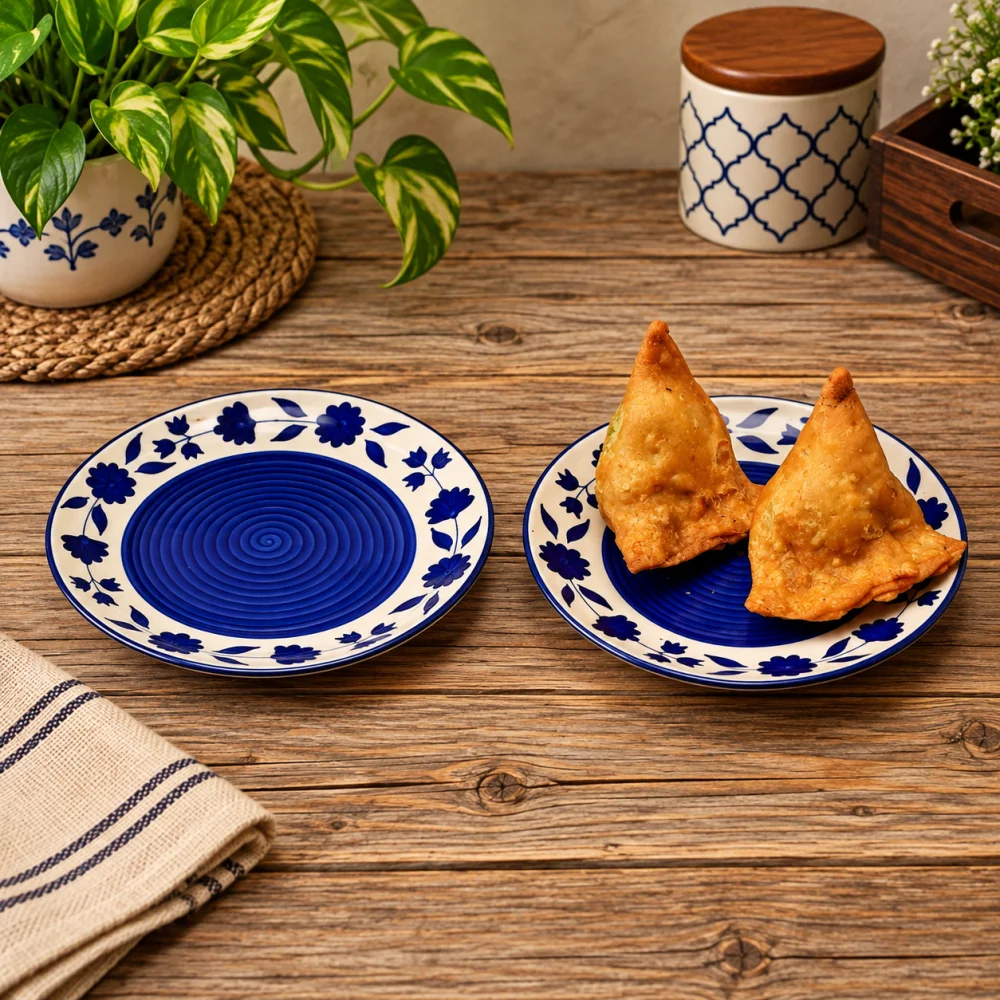 HOUSELA HOUSELACeramic Glossy Side Plates & Ceramic Plates for Quarter Plates 7 Inches (2-Pieces, Dishwasher & Microwave Safe) (Blue)