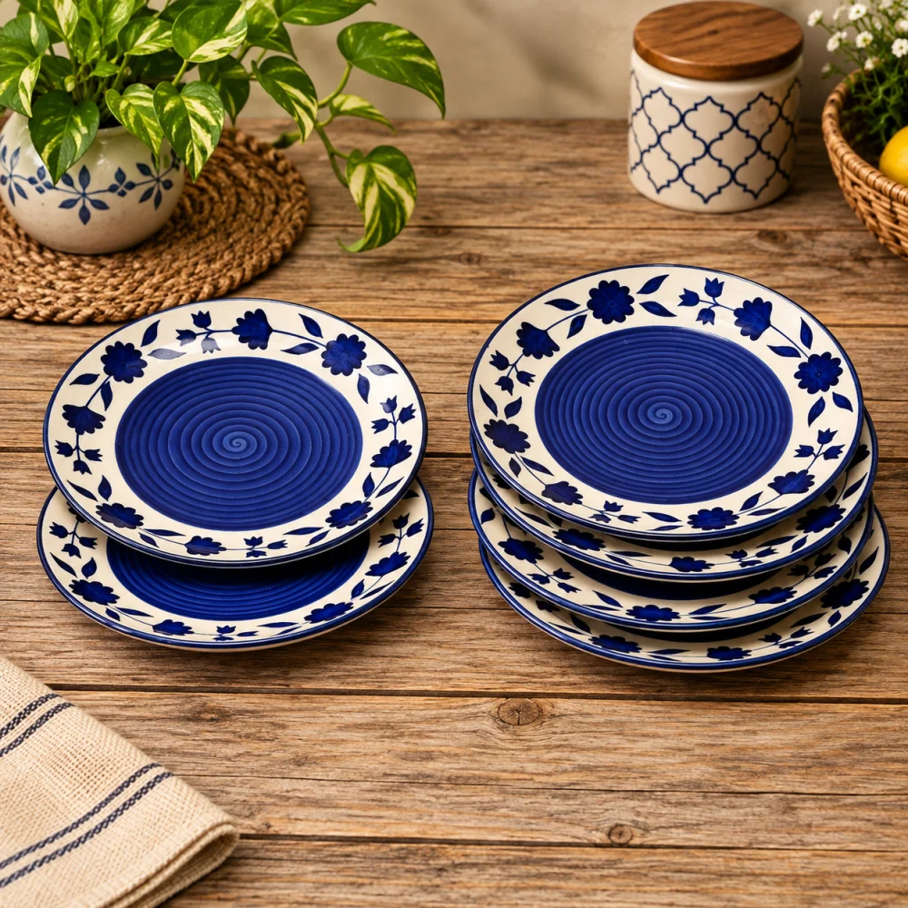 HOUSELA Ceramic Glossy Side Plates & Ceramic Plates for Quarter Plates 7 Inches (6-Pieces, Dishwasher & Microwave Safe) (Blue)