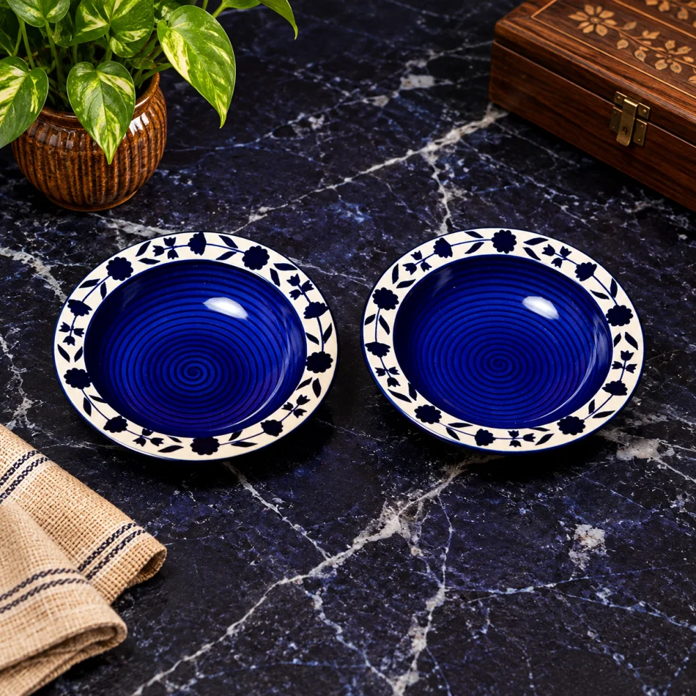 Rudrart Creations Premium Ceramic Floral Hand-Painted Deep Pasta Plate| Soup Plate | Snack Plate |Nodules Plate Size 7 inch |Microwave Safe & Oven Safe |Set of 2 Plates (2)