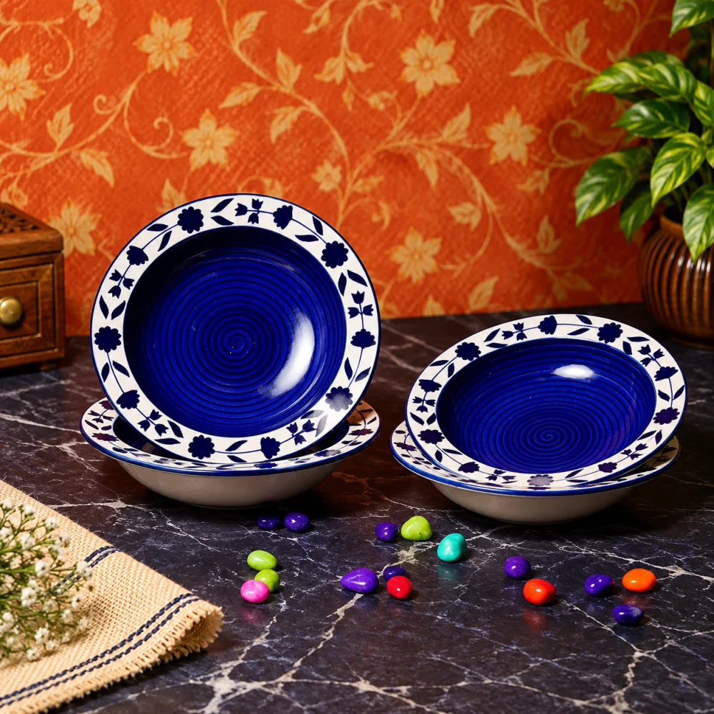 Rudrart Creations Premium Ceramic Floral Hand-Painted Deep Pasta Plate| Soup Plate | Snack Plate |Nodules Plate Size 7 inch |Microwave Safe & Oven Safe |Set of 4 Plates (4)