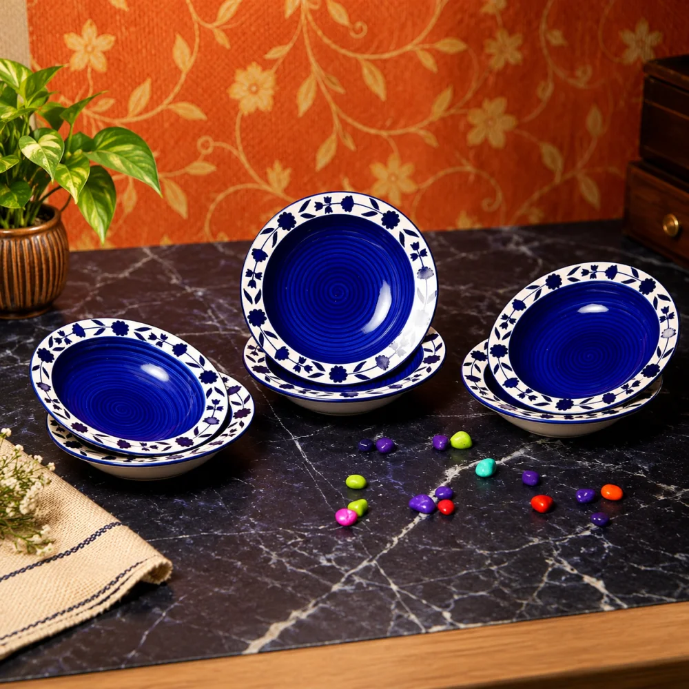 Rudrart Creations Premium Ceramic Floral Hand-Painted Deep Pasta Plate| Soup Plate | Snack Plate |Nodules Plate Size 7 inch |Microwave Safe & Oven Safe |Set of 6 Plates (6)
