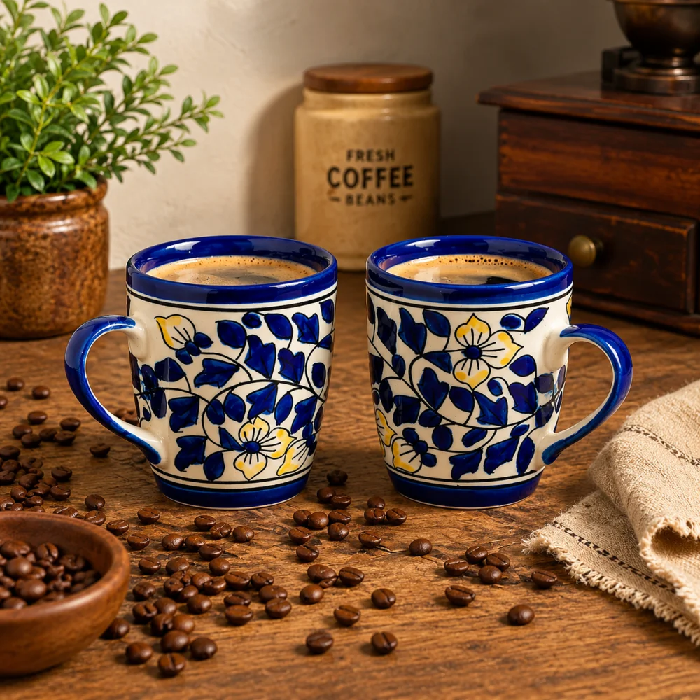 HOUSELA Floural Blue Hand-Painted Serving Tea Cups Set Milk Mugs & Ceramic Coffee Mugs, Set of 2 (270 ML) Microwave & Dishwasher Safe