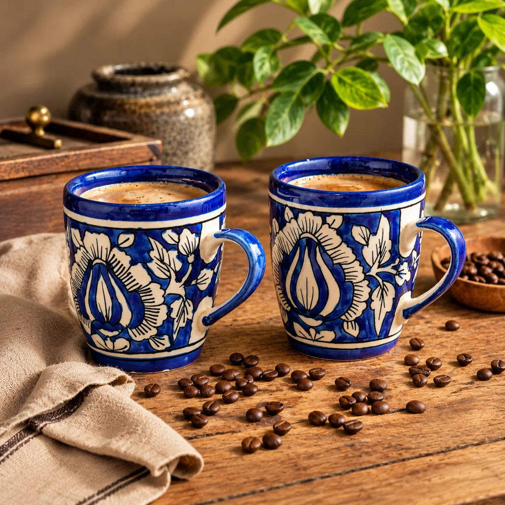 HOUSELA Mugalart Hand-Painted Serving Tea Cups Set Milk Mugs & Ceramic Coffee Mugs Set of 2 (270 ML, Microwave & Dishwasher Safe)