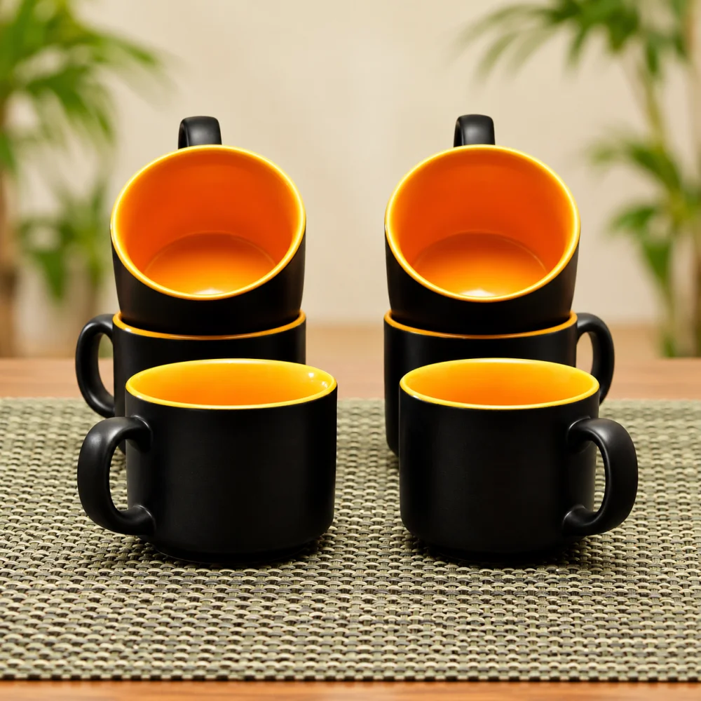 HOUSELA Hand-Painted Studio Pottery Tea/Coffee Cups in Ceramic (Set of 6, Microwave Safe) Color-Black & Yellow