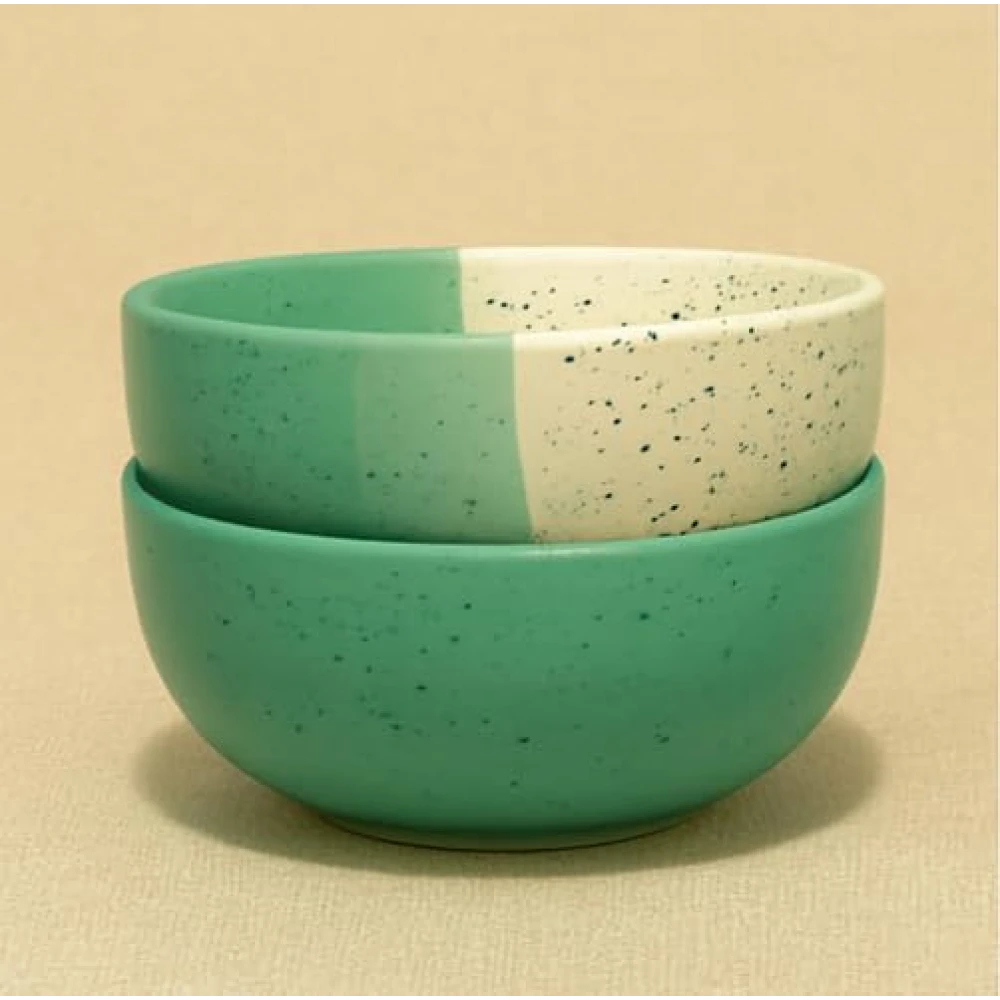 HOUSELA Handmade Dual-Tone Ceramic Bowls Set of 6 – Speckled Green & White Serving Bowls
