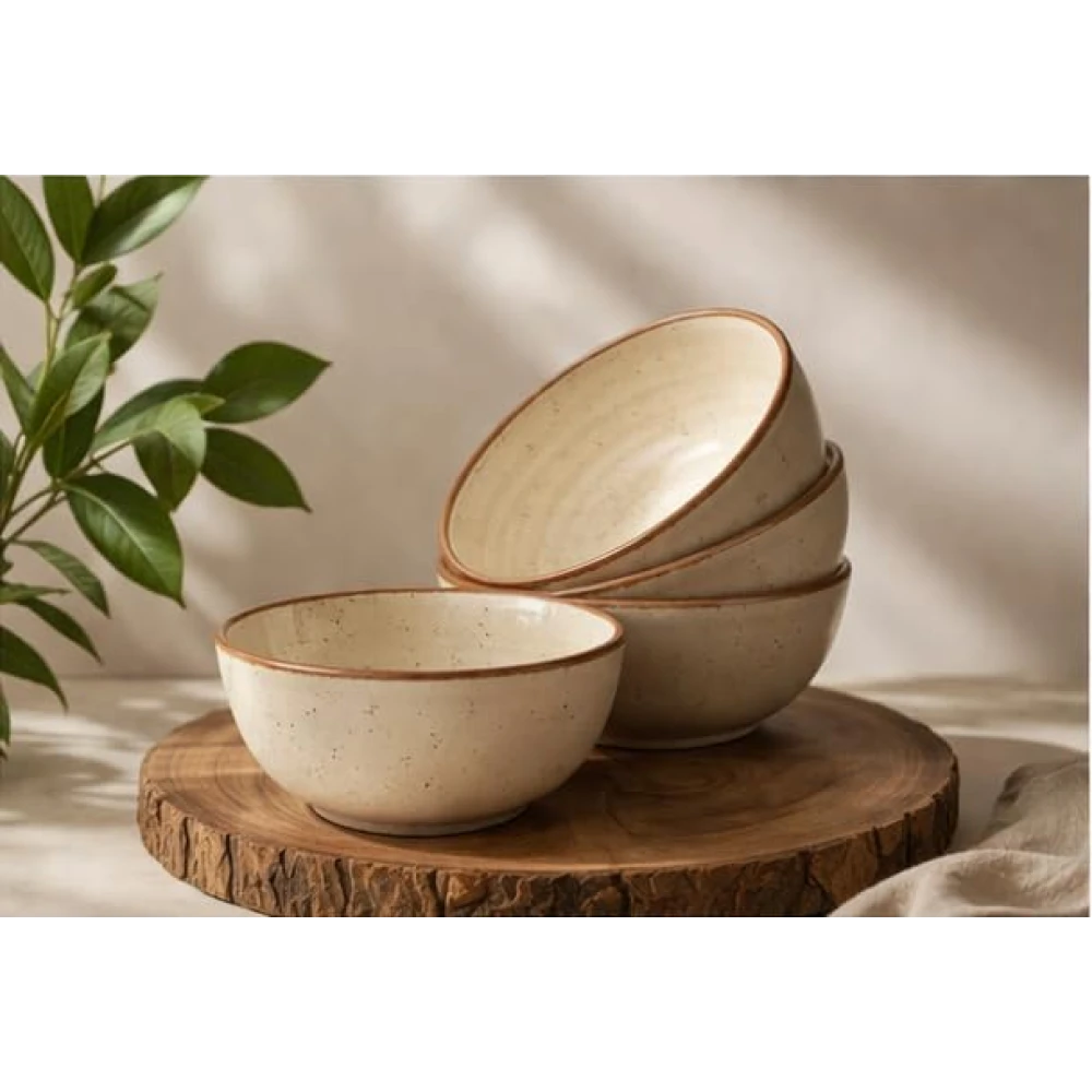 HOUSELA Hand-Painted Matte Finish Off White Ceramic Bowl Set of 4 (200ml) | Small Serving Soup Bowls, Cereal Bowl, Pasta Bowls | Dishwasher & Microwave Safe