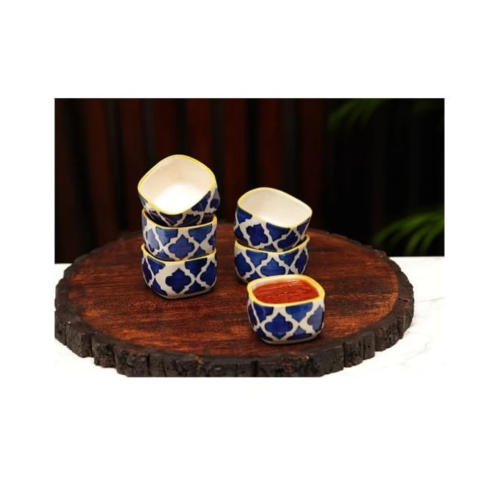 Rudrart Creation Ceramic Sauce Bowl Ceramic Chutney Bowl Set Square Shape, Blue & Yellow Color Ceramic Bowl for Serving & Gifting. (Pack of 6)