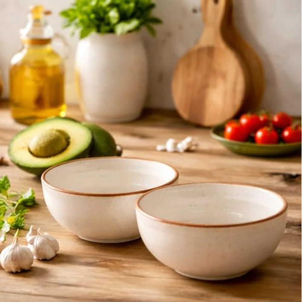 HOUSELA Hand-Painted Matte Finish Off White Ceramic Bowl Set of 2 (200ml) | Small Serving Soup Bowls, Cereal Bowl, Pasta Bowls | Dishwasher & Microwave Safe