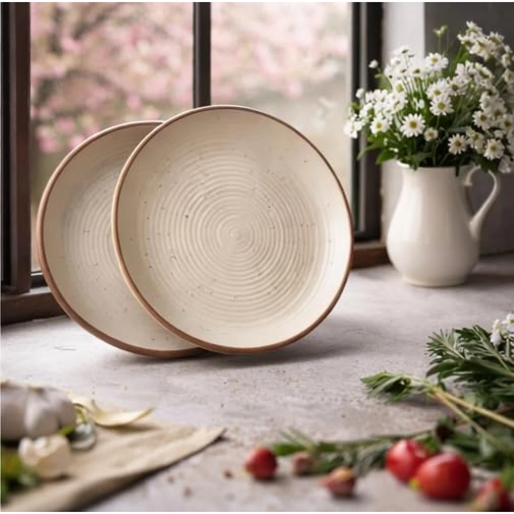 Housela Cream Ribbed Stoneware Dinner Plates 10.3 Inch Set of 2 Pcs Ceramic Plates for Dinner | Microwave & Dishwasher Safe | Off White