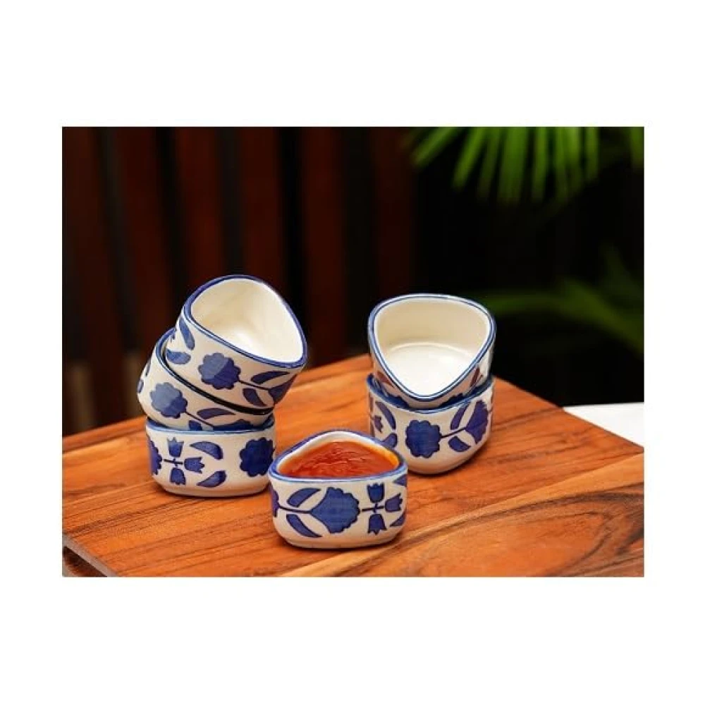 Rudrart Creation Handpainted Floral Studio Pottery Ceramic Chutney Bowl | Dip & Sauce Bowls | Small Katori Set 40 ml Each (Blue, Set of 6)