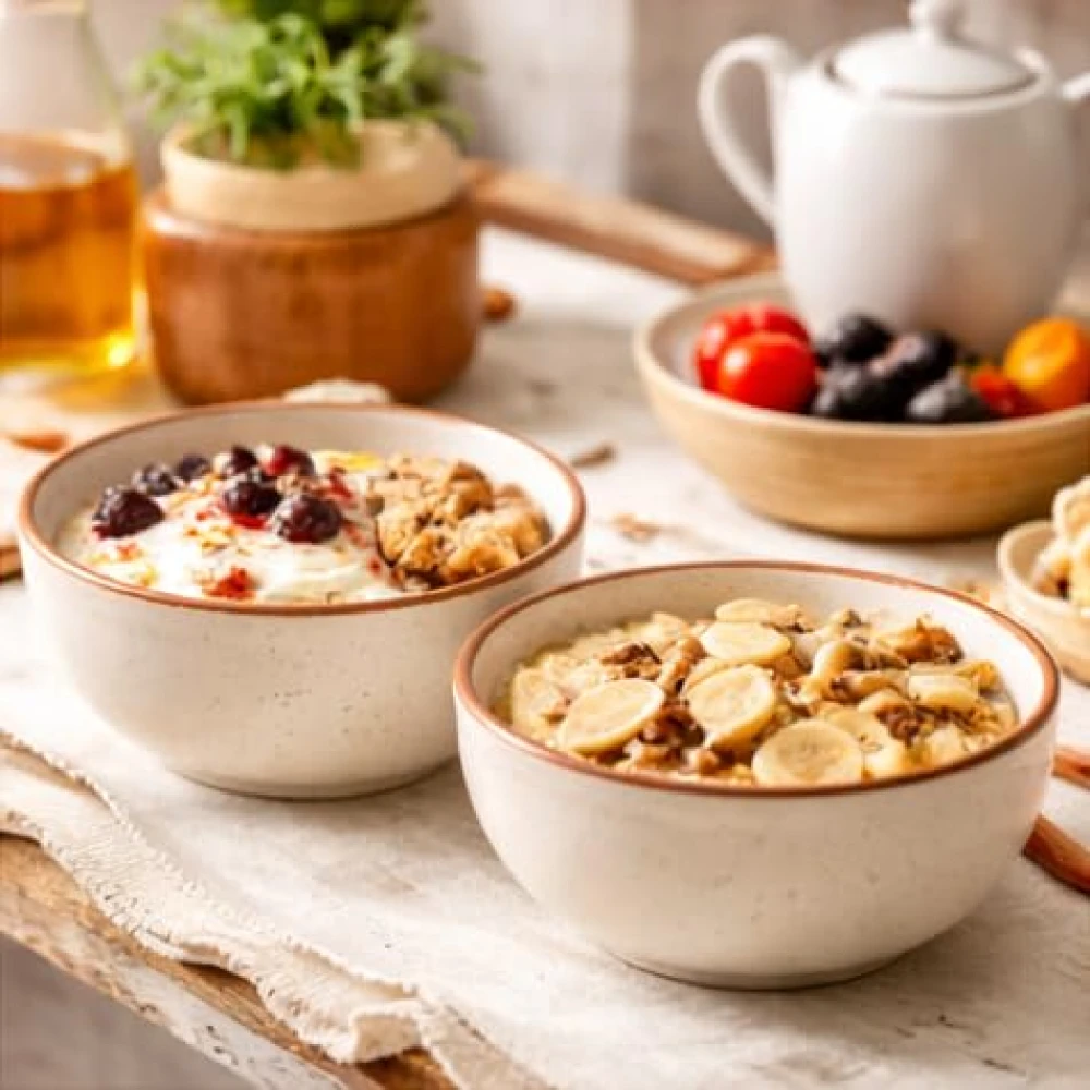 HOUSELA Hand-Painted Matte Finish Off White Ceramic Bowl Set of 2 (200ml) | Small Serving Soup Bowls, Cereal Bowl, Pasta Bowls | Dishwasher & Microwave Safe