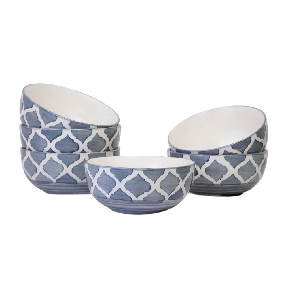 HOUSELA Creations Hand-Painted Umrao-Moroccan Design Bowls Set | Perfect for Serving Snacks, Rice, Dal, Fruits, Salad | BPA & Lead-Free Ceramic Dinner Bowls for Safe | - (Design 3, Set of 6)