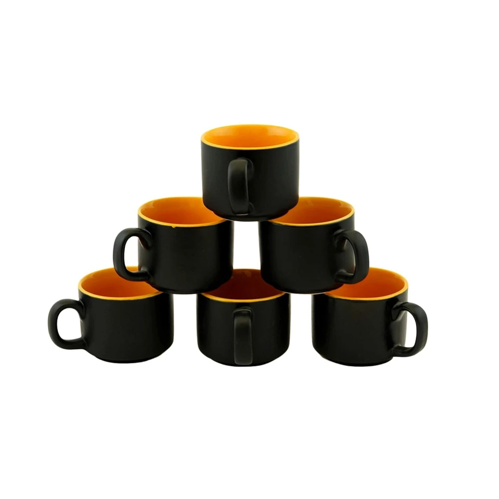 HOUSELA Hand-Painted Studio Pottery Tea/Coffee Cups in Ceramic (Set of 6, Microwave Safe) Color-Black & Yellow