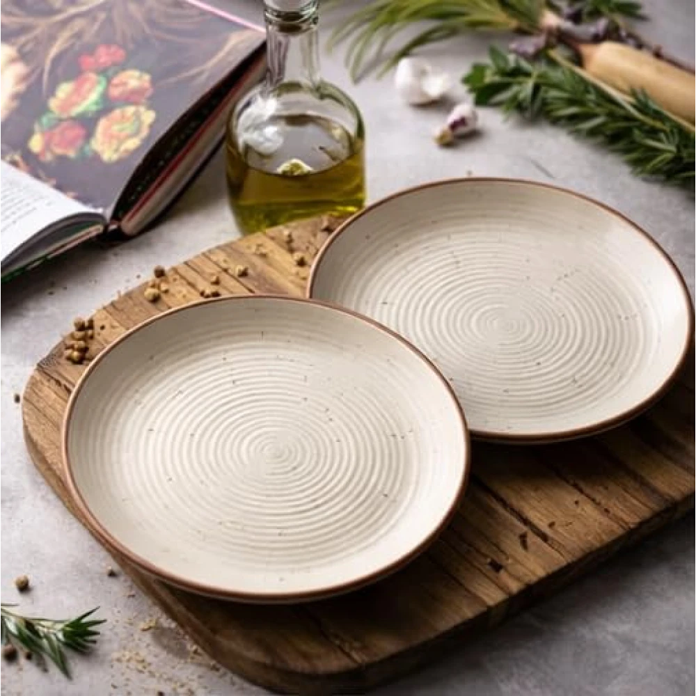Housela Cream Ribbed Stoneware Dinner Plates 10.3 Inch Set of 2 Pcs Ceramic Plates for Dinner | Microwave & Dishwasher Safe | Off White