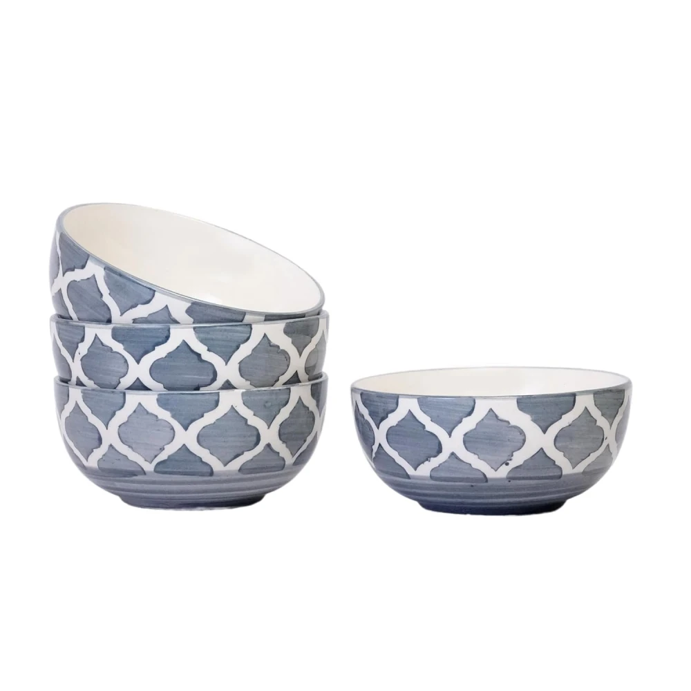 HOUSELA Creations Hand-Painted Umrao-Moroccan Design Bowls Set | Perfect for Serving Snacks, Rice, Dal, Fruits, Salad | BPA & Lead-Free Ceramic Dinner Bowls for Safe | - (Design 3, Set of 4)