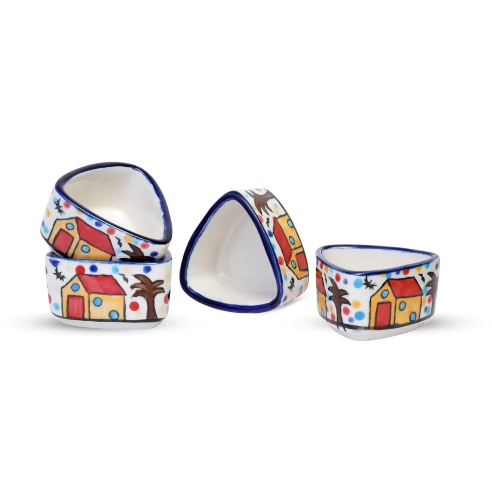 HOUSELA Hand Painted White Ceramic Triangle Shape Bowl for Serving Chutney Bowl Pickle Bowl Sauce Bowl Set of 4 Pcs