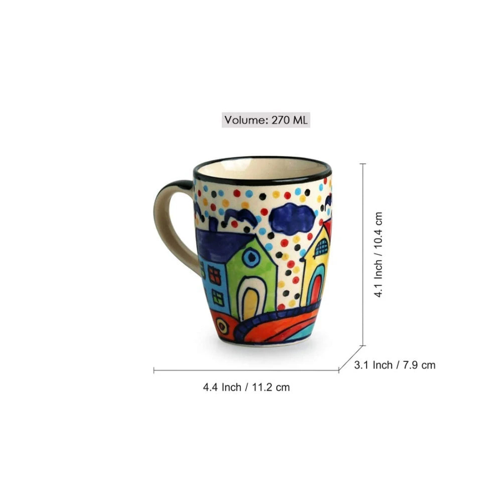 HOUSELA Hut Hand-Painted Serving Tea Cups Set Milk Mugs & Ceramic Coffee Mugs Set of 2 (270 ML, Microwave & Dishwasher Safe)