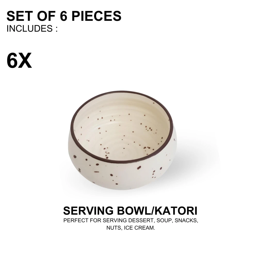 HOUSELA Ceramic Stoneware Cream White Matt Finish Serving Bowl (150 ml, Set of 6, White) | Salad Bowl (3 inch)(Microwave & Dishwasher Safe)